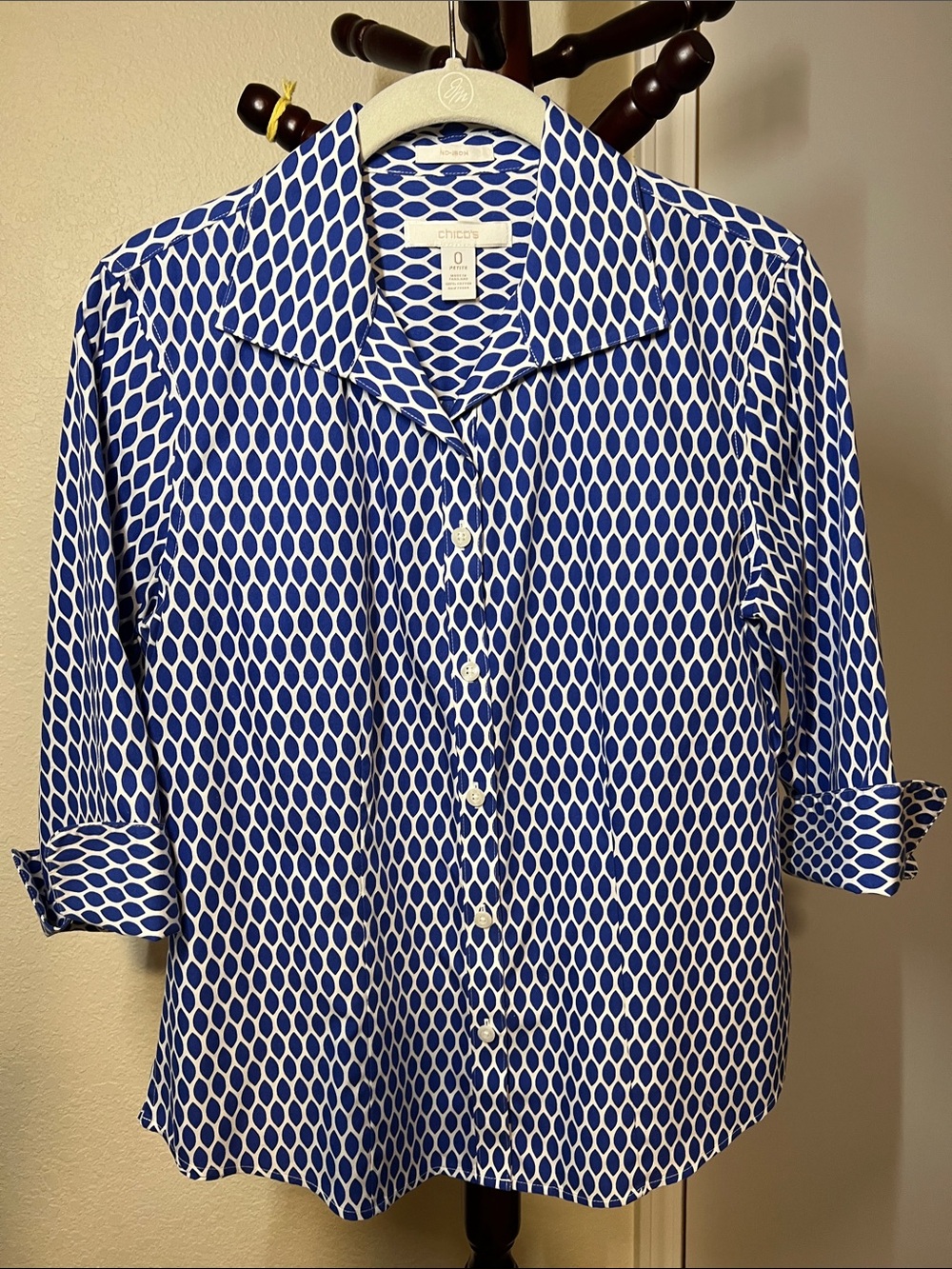 Chico's Blue and White Geometric Button-Down Shirt